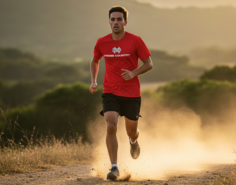 Mater Dei boy cross country running on a dirt path with mountains in the background