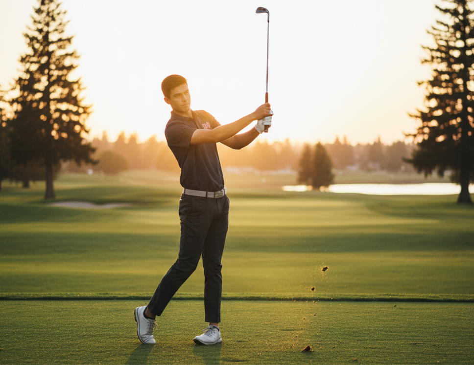 Mater Dei student golfer in action on a golf course with trees and sunset in the background