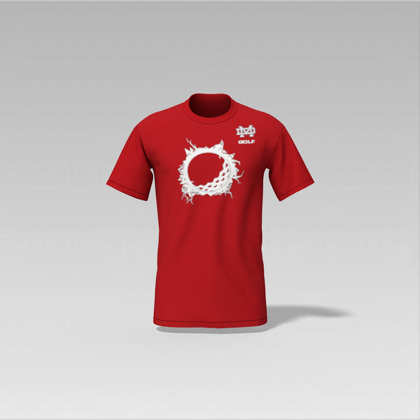 Mater Dei Red Golf t-shirt with white graphic design on a gray background