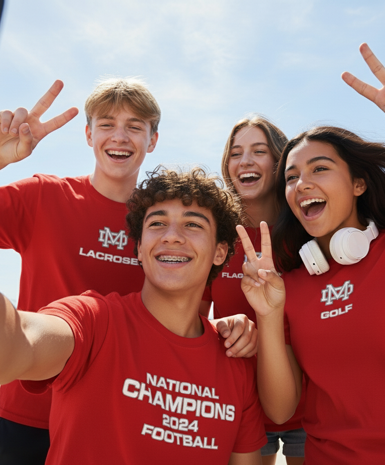 Four people wearing Mater Dei athletic shirts, posing outdoors on a sunny day.